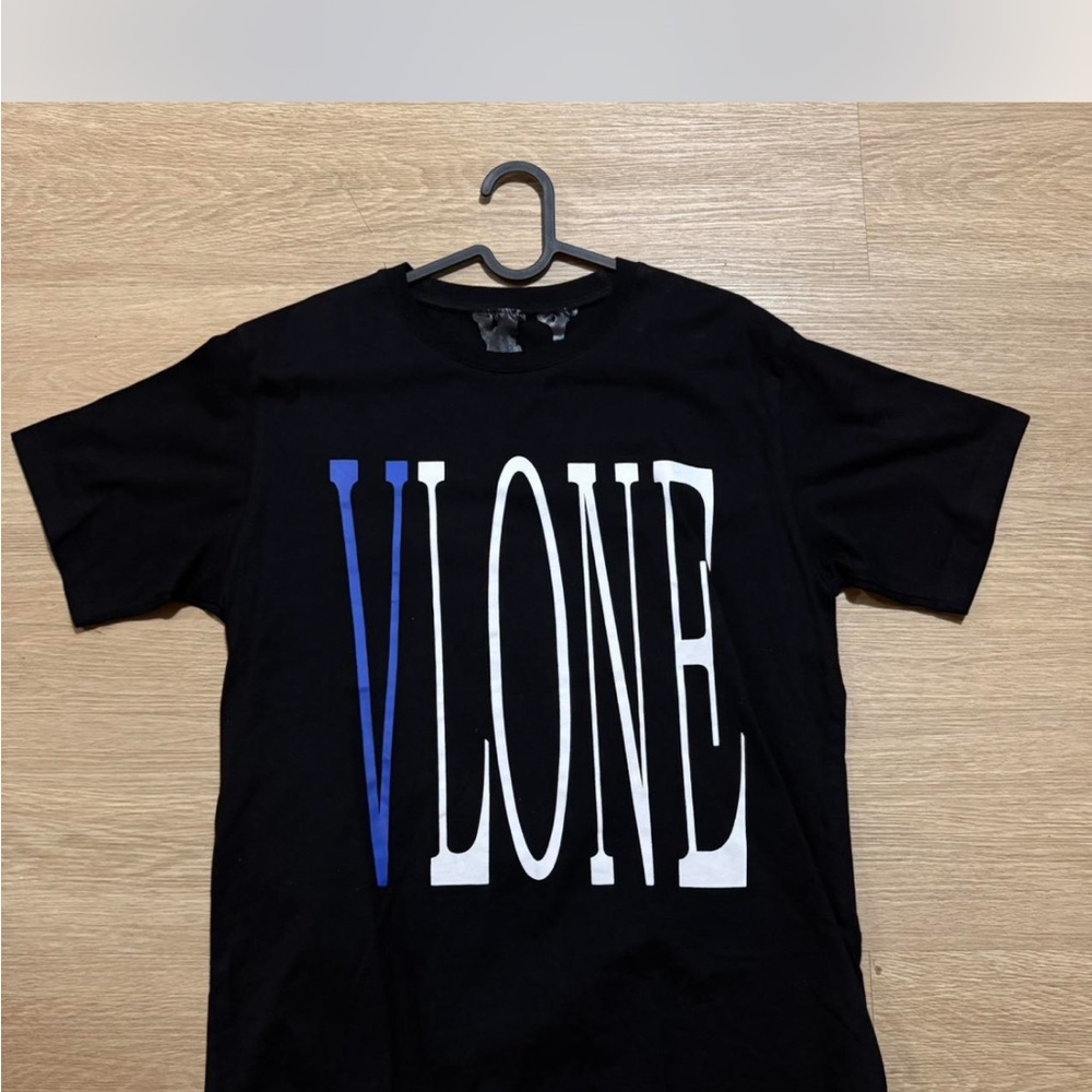 VLONE Black Tee with Blue and White Logo